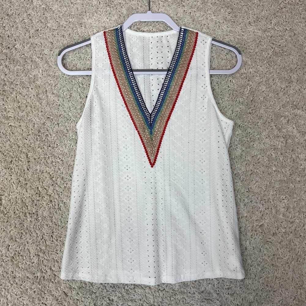 Cupshe Eyelet Tank Top Womens Small White Rainbow V Neck Casual Beach Vacation